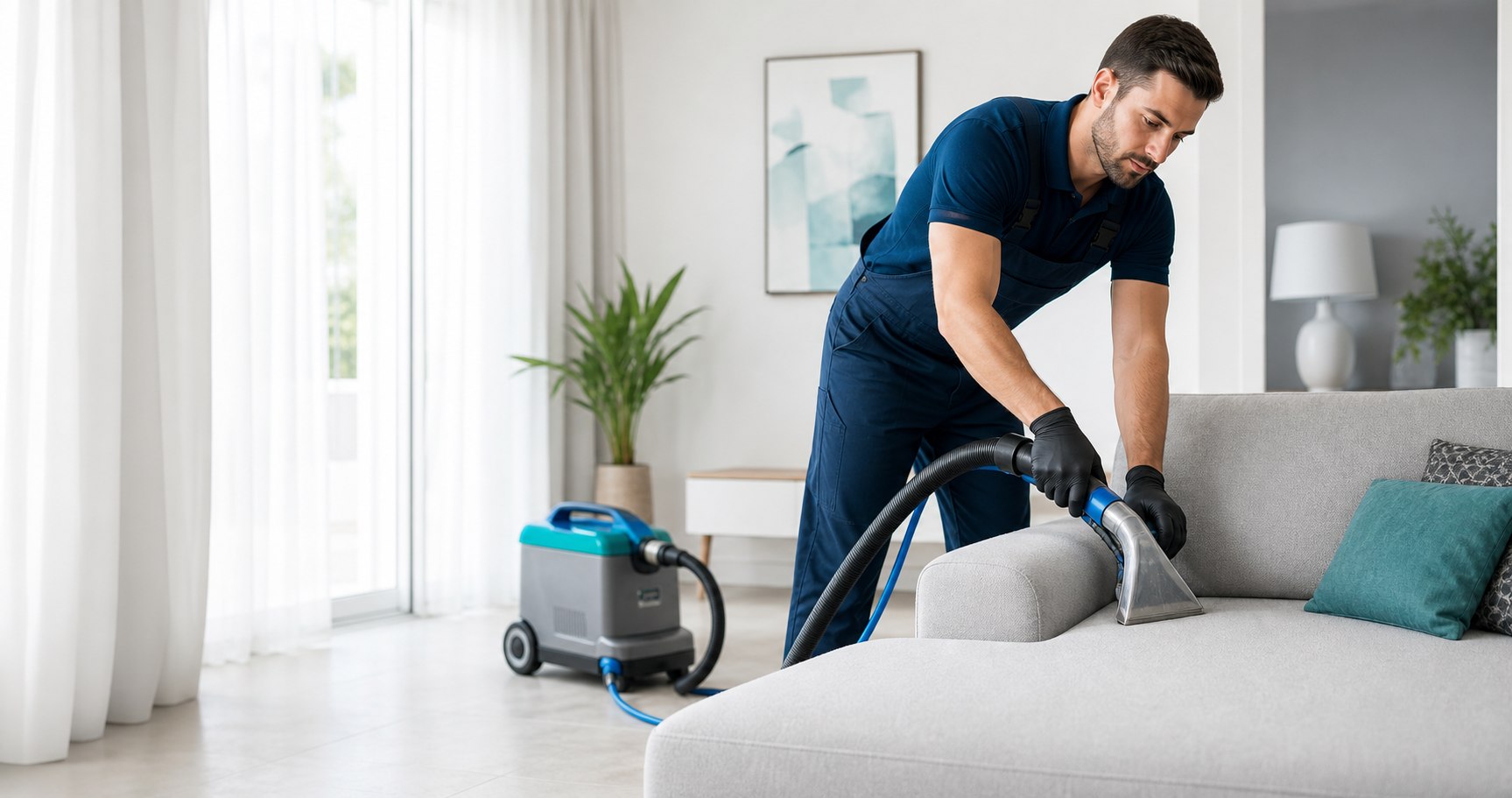Técnico da ZE LIMPEZA HIGIENIZACAO E LIMPEZA DE ESTOFADOS LTDA higienizando um sofá com equipamento profissional